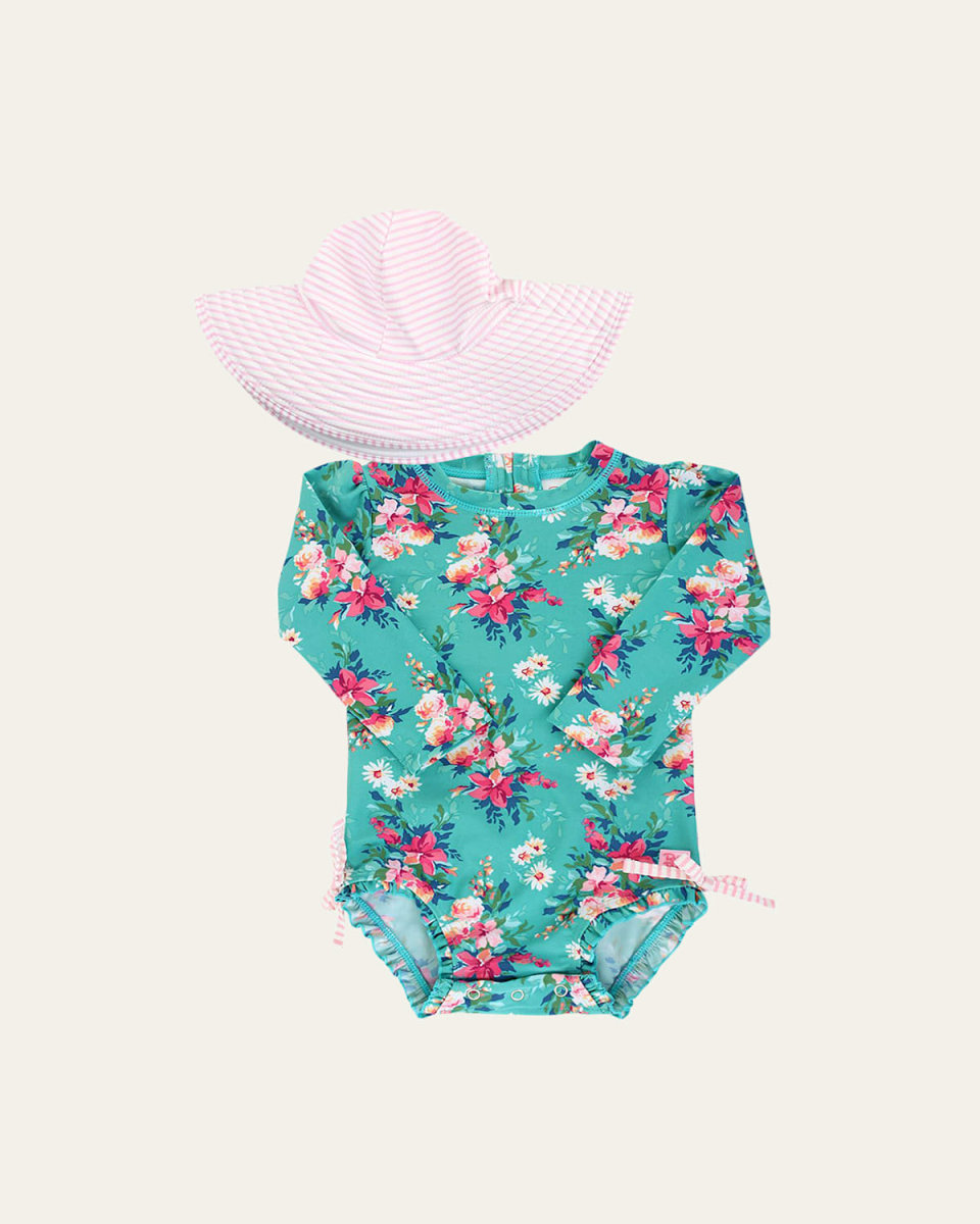 Fancy Me Floral Print Rash Guard w/ Swim Hat, Size 0M-3